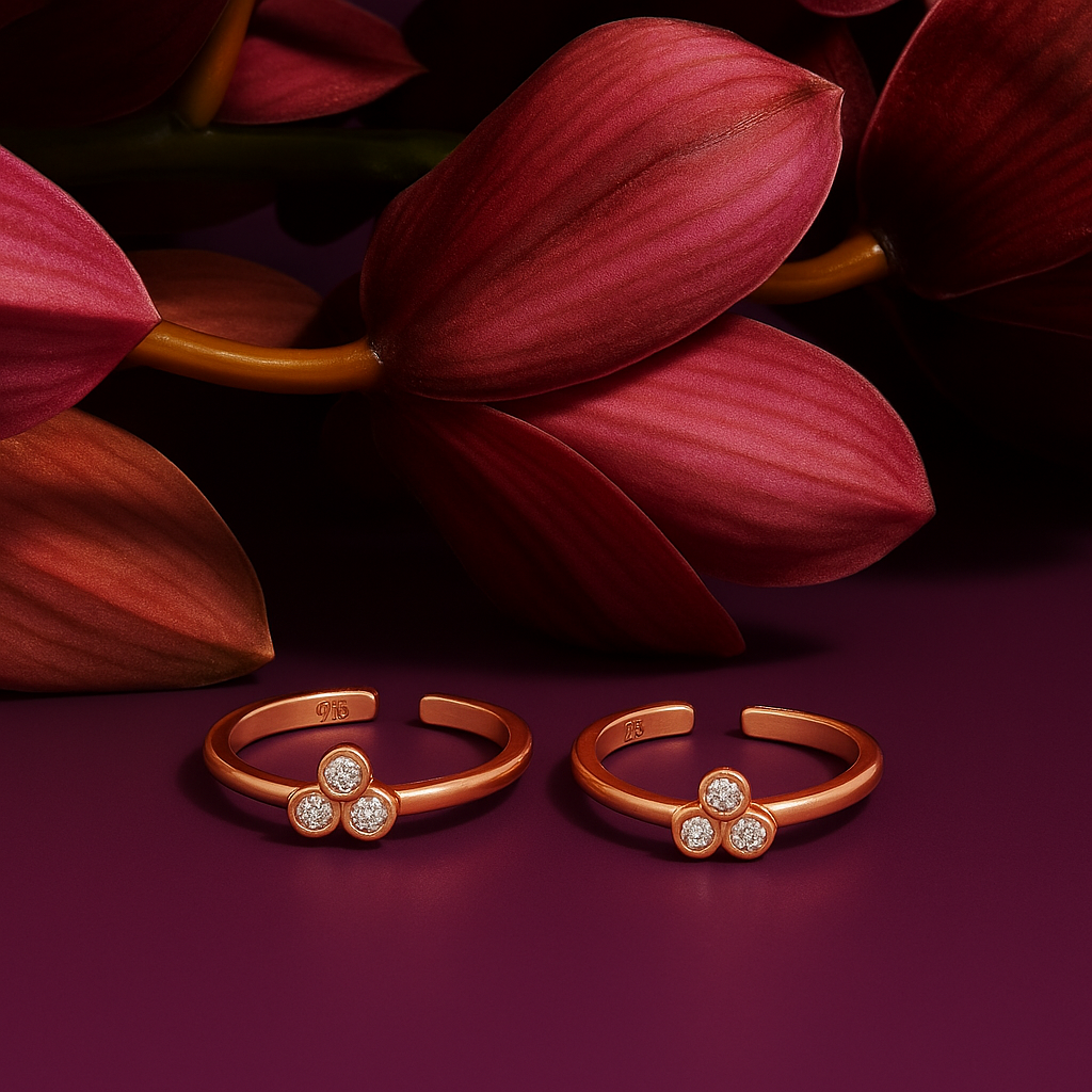 PurpleLuck Kriti 925 Silver Toe Rings in Rose Gold plating. Luxury Indian traditional wear for women. Perfect gift for Wife