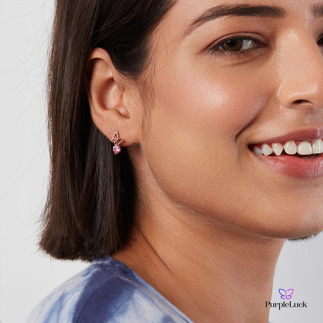 PurpleLuck Beyonce Rose Gold Butterfly Earrings. Sterling Silver charm studs gifting for girlfriend