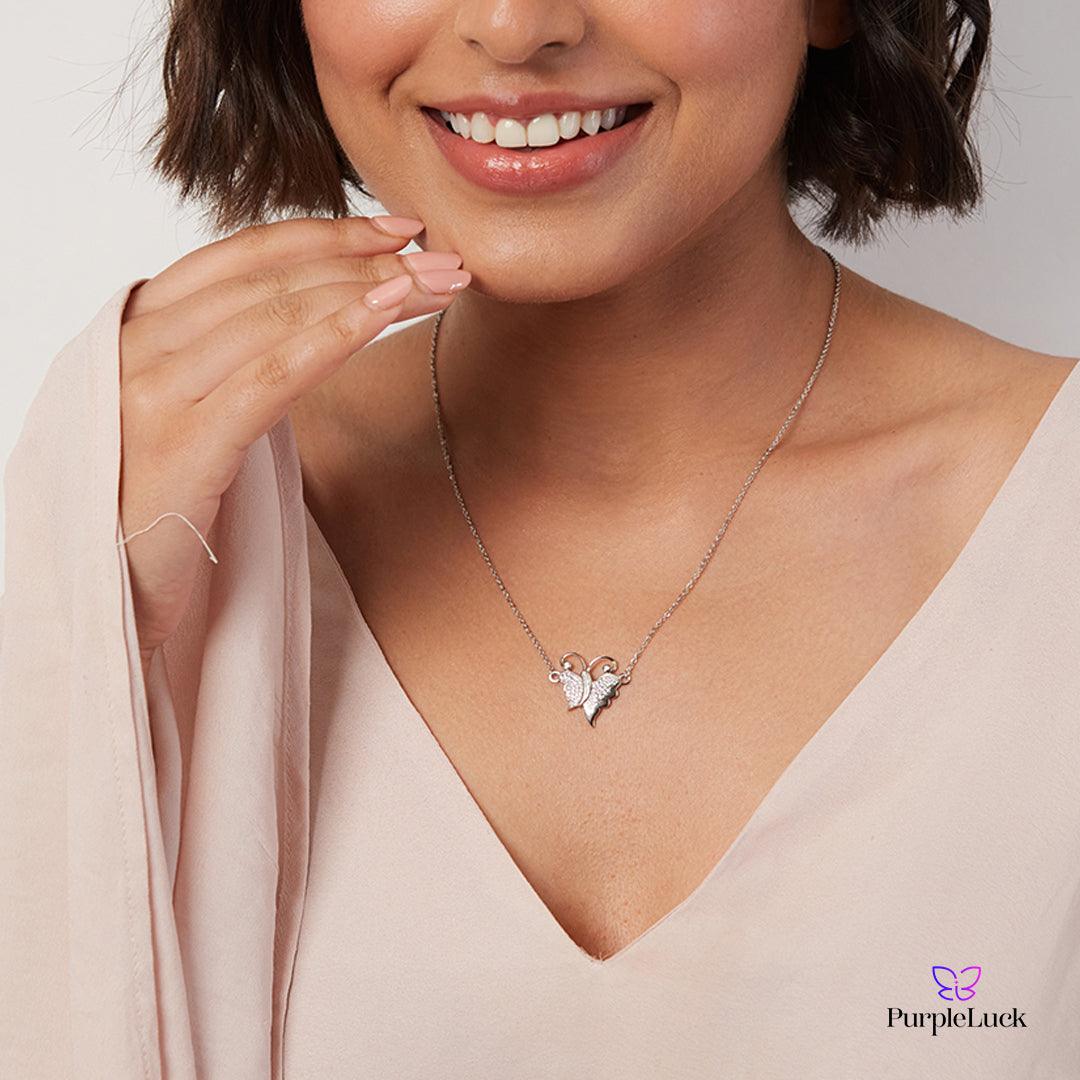 PurpleLuck Athalia 925 Silver Butterfly Necklace- glamorous and modern festive wear pendant. Romantic gift for women and girl