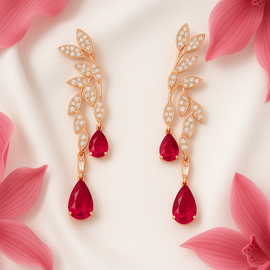 Purpleluck Ruby Enchanted 925 Silver Earrings. Elegant design earrings. Festive wear. Romantic and Indian wear