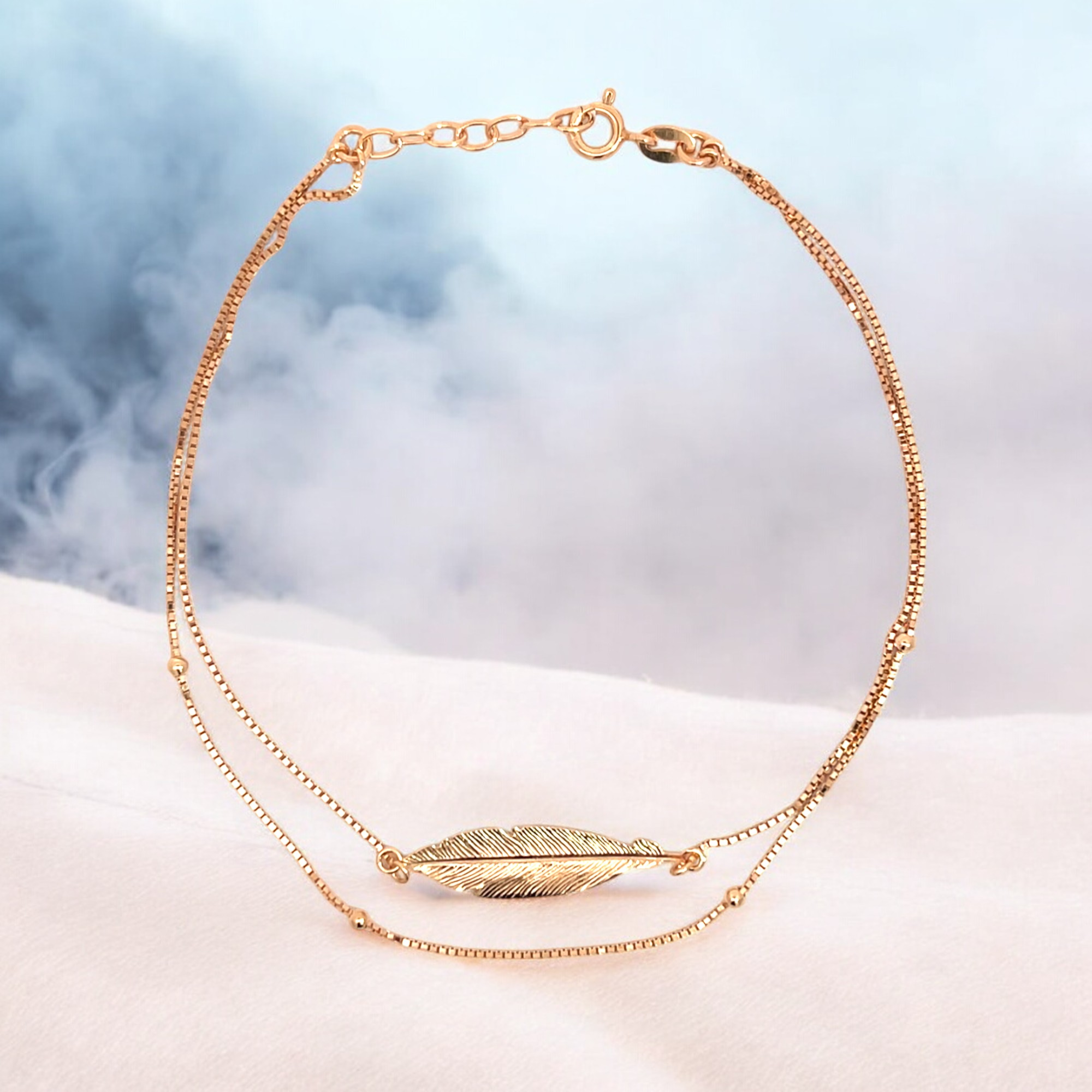 PurpleLuck Double Layered Feather 925 Silver Anklet. Delicate anklet with adjustable chain for girls