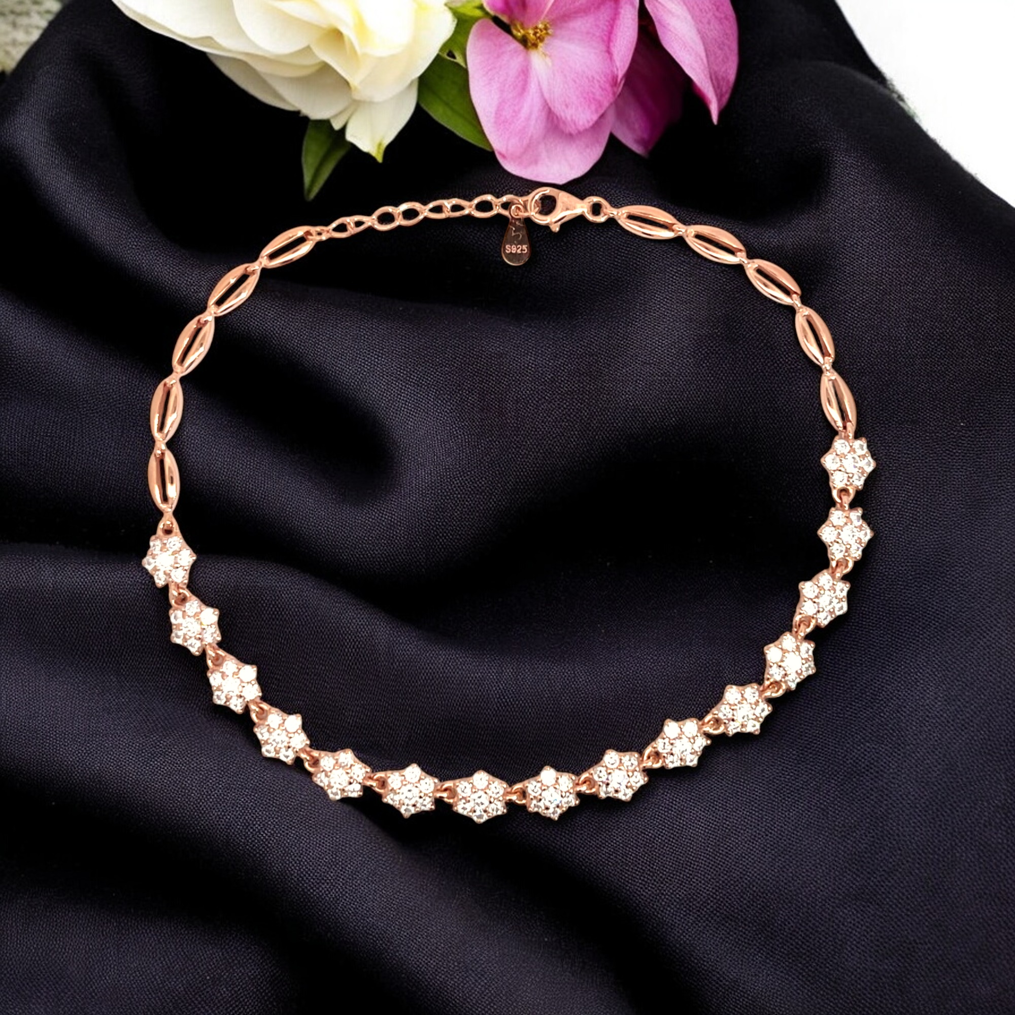 PurpleLuck Shimmering Floral 925 Silver Anklet trendy foot jewellery