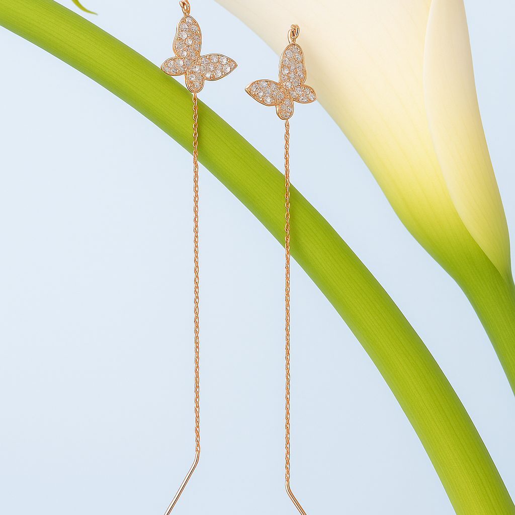 PurpleLuck Ashley Rose Gold Butterfly Thread Earrings. Sterling Silver charm earrings for women. Perfect romantic Gift