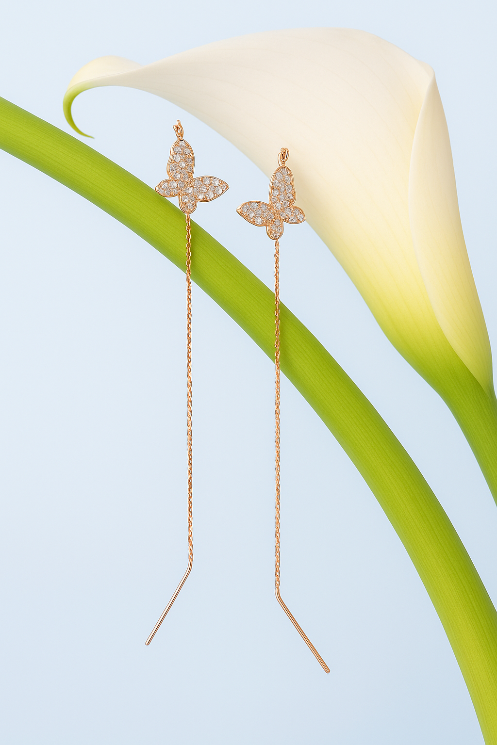 PurpleLuck Ashley Rose Gold Butterfly Thread Earrings. Sterling Silver charm earrings for women. Perfect romantic Gift
