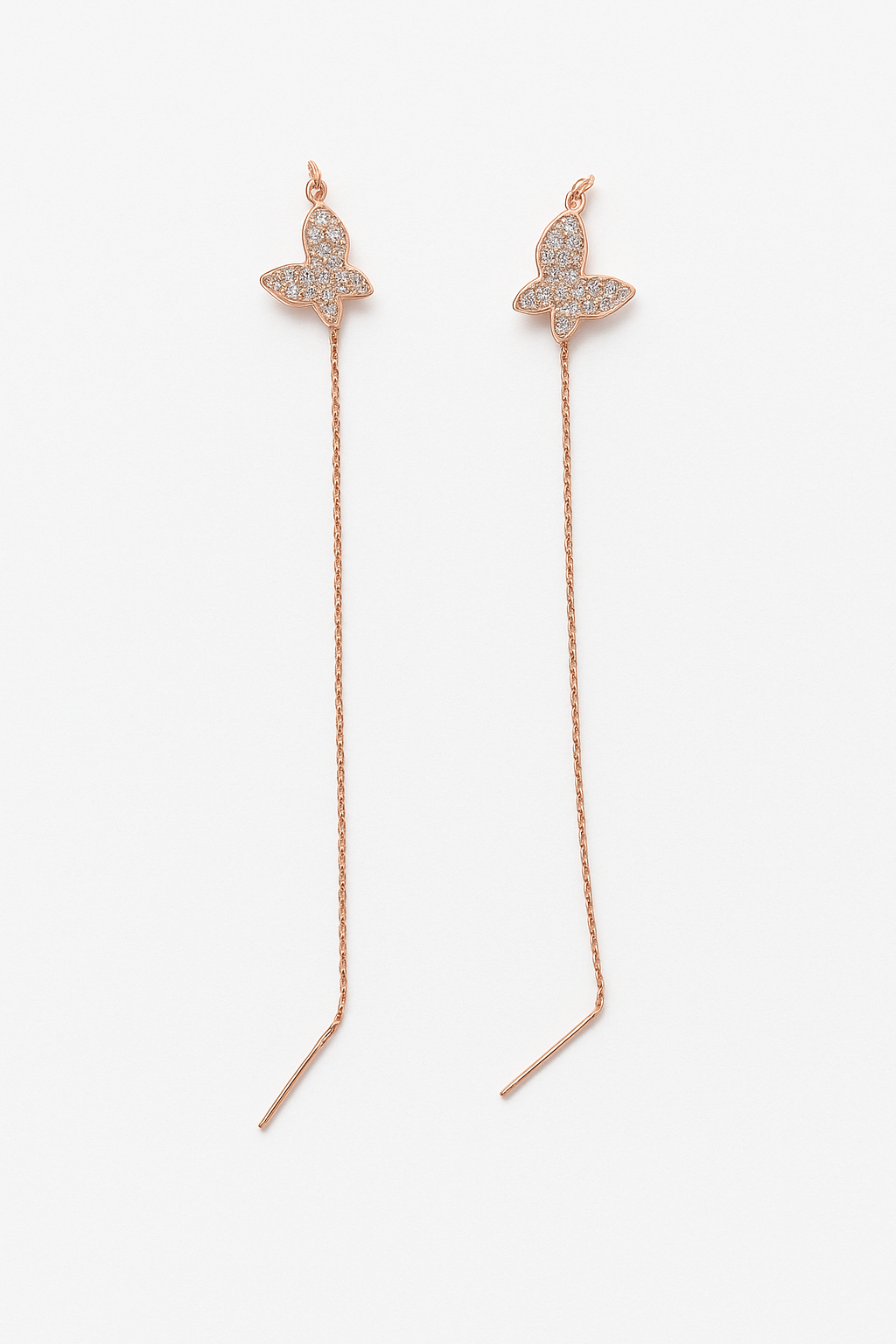 PurpleLuck Ashley Rose Gold Butterfly Thread Earrings. Sterling Silver charm earrings for women. Perfect romantic Gift