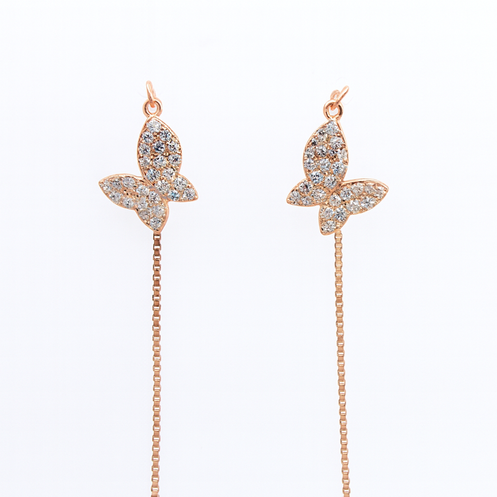 PurpleLuck Ashley Rose Gold Butterfly Thread Earrings. Sterling Silver charm earrings for women. Perfect romantic Gift