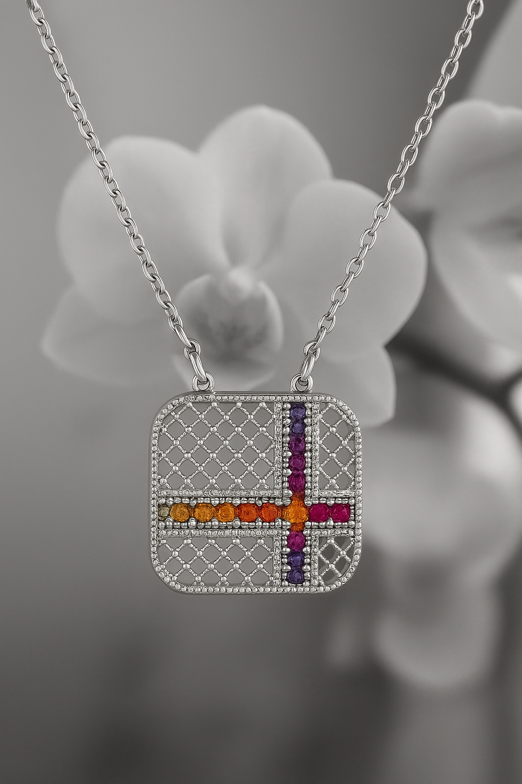 PurpleLuck Silver Gemstone Grid Pendant with adjustable chain for women Sterling Silver