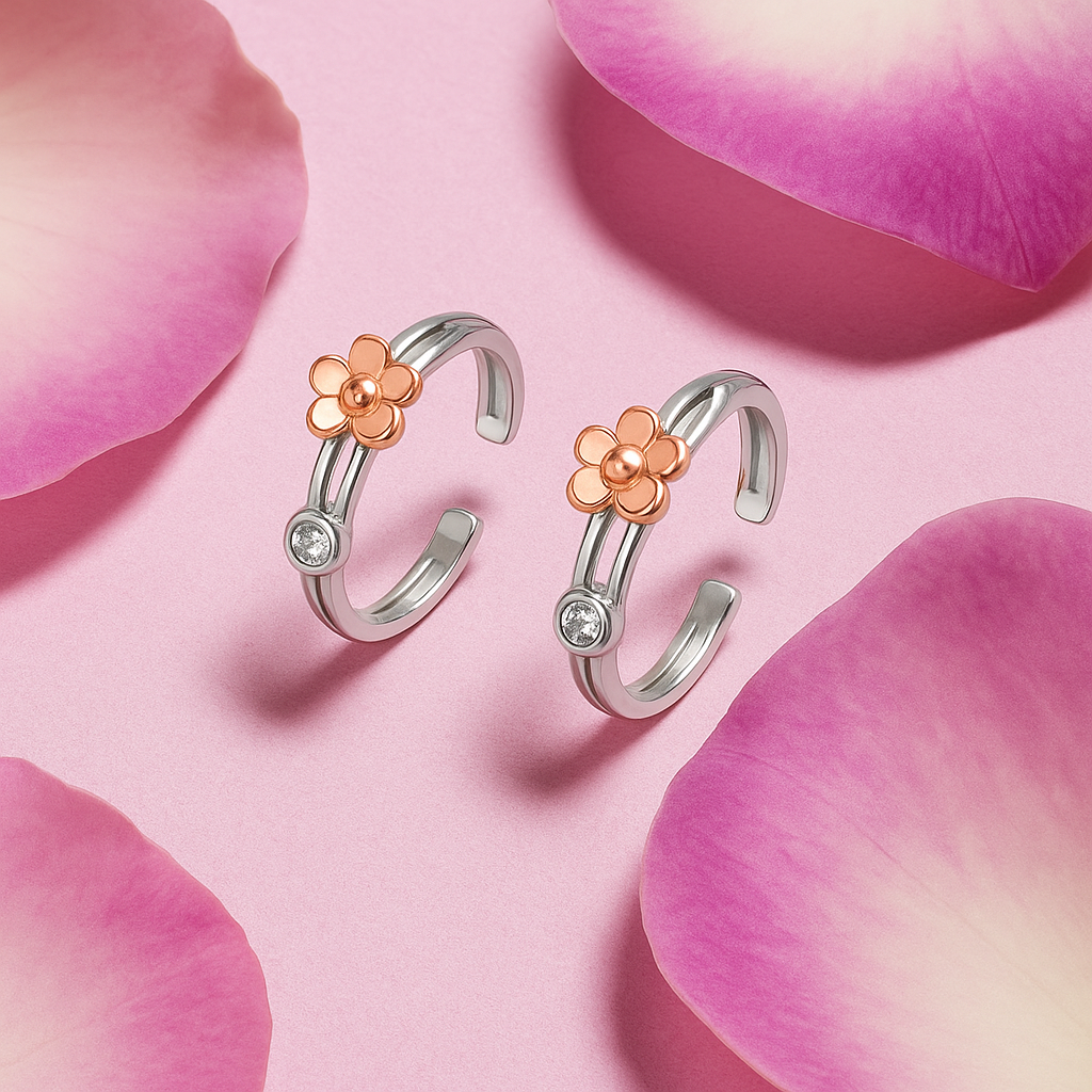 Purpleluck Dual Tone Floral 925 Silver Toe Rings Gift for women. Daily wear Indian traditional jewellery
