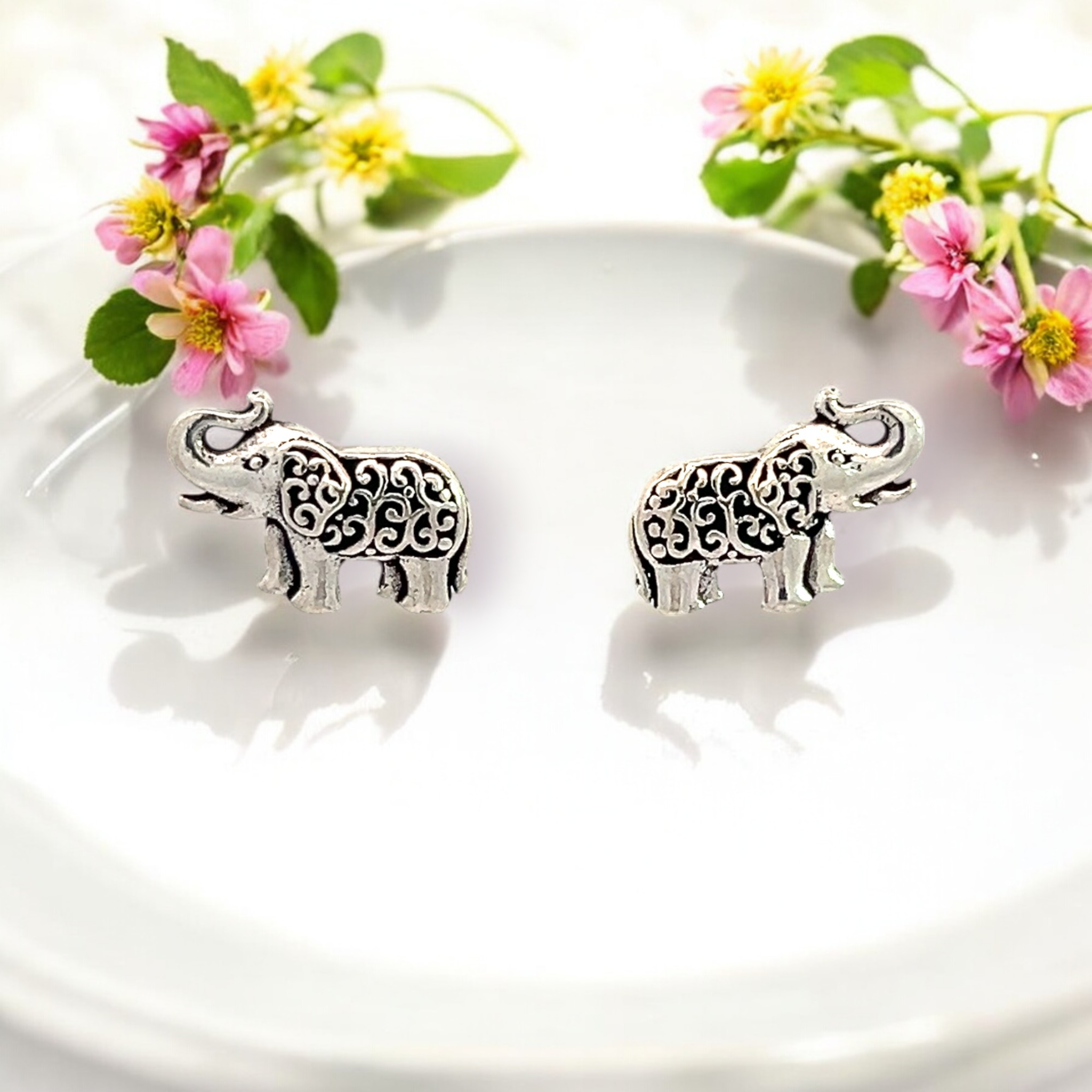 PurpleLuck Elephant Charm Oxidized Silver Earrings for Women, festive wear. Indian traditional studs