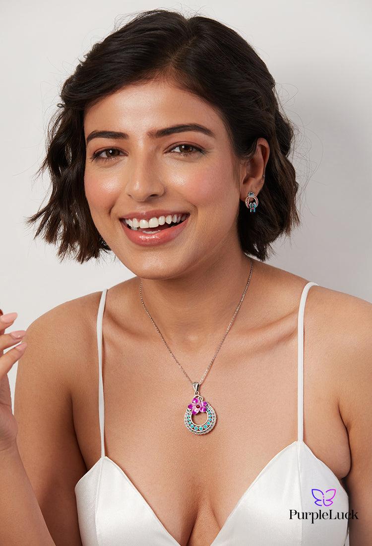 PurpleLuck Mina 999 Silver Pendant Set. Luxury pendant and earrings for women and girls Perfect wedding and Valentines day gift 