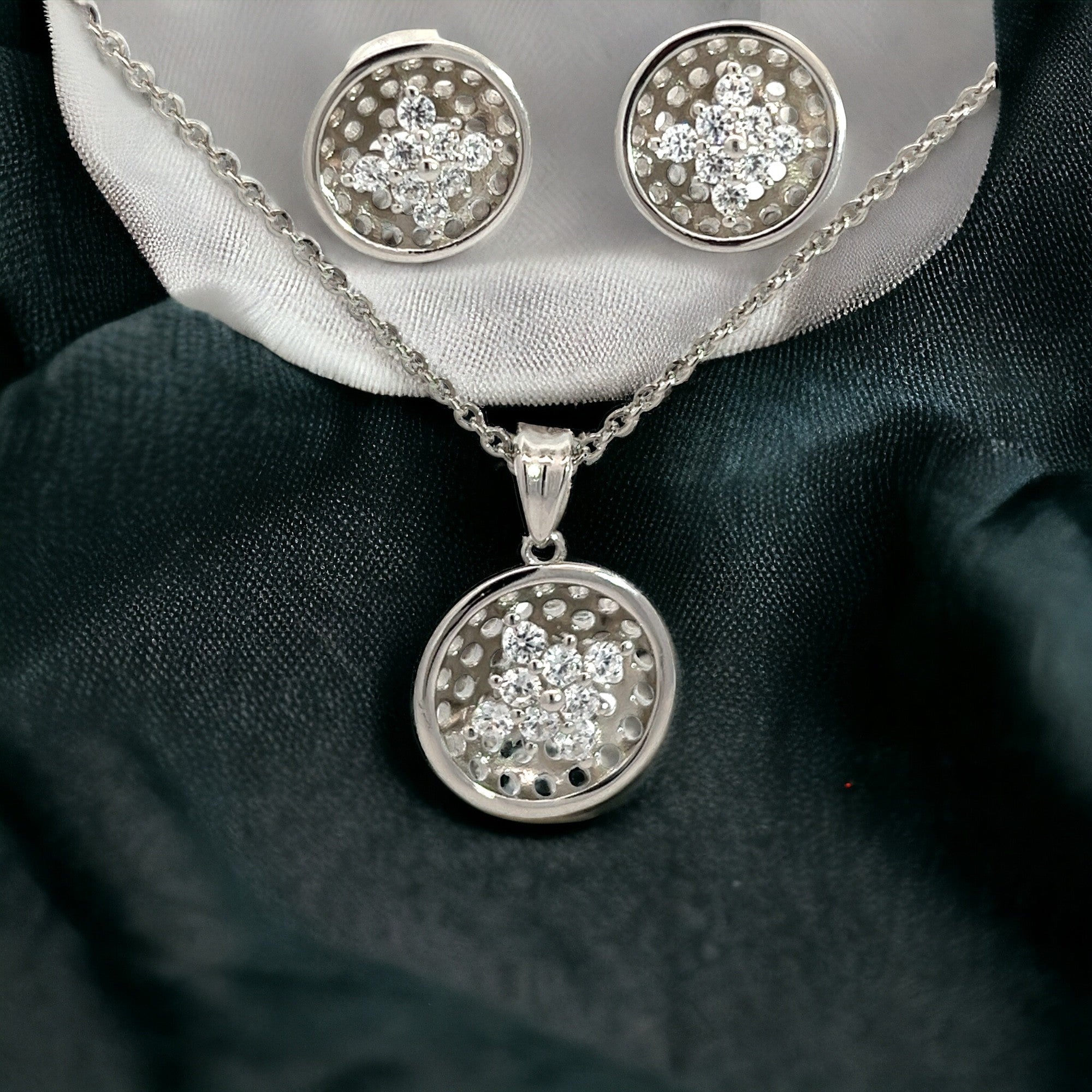 PurpleLuck Adriana Silver Pendant Set , Sterling Silver pendant and earrings for women and girls with Zircon stones