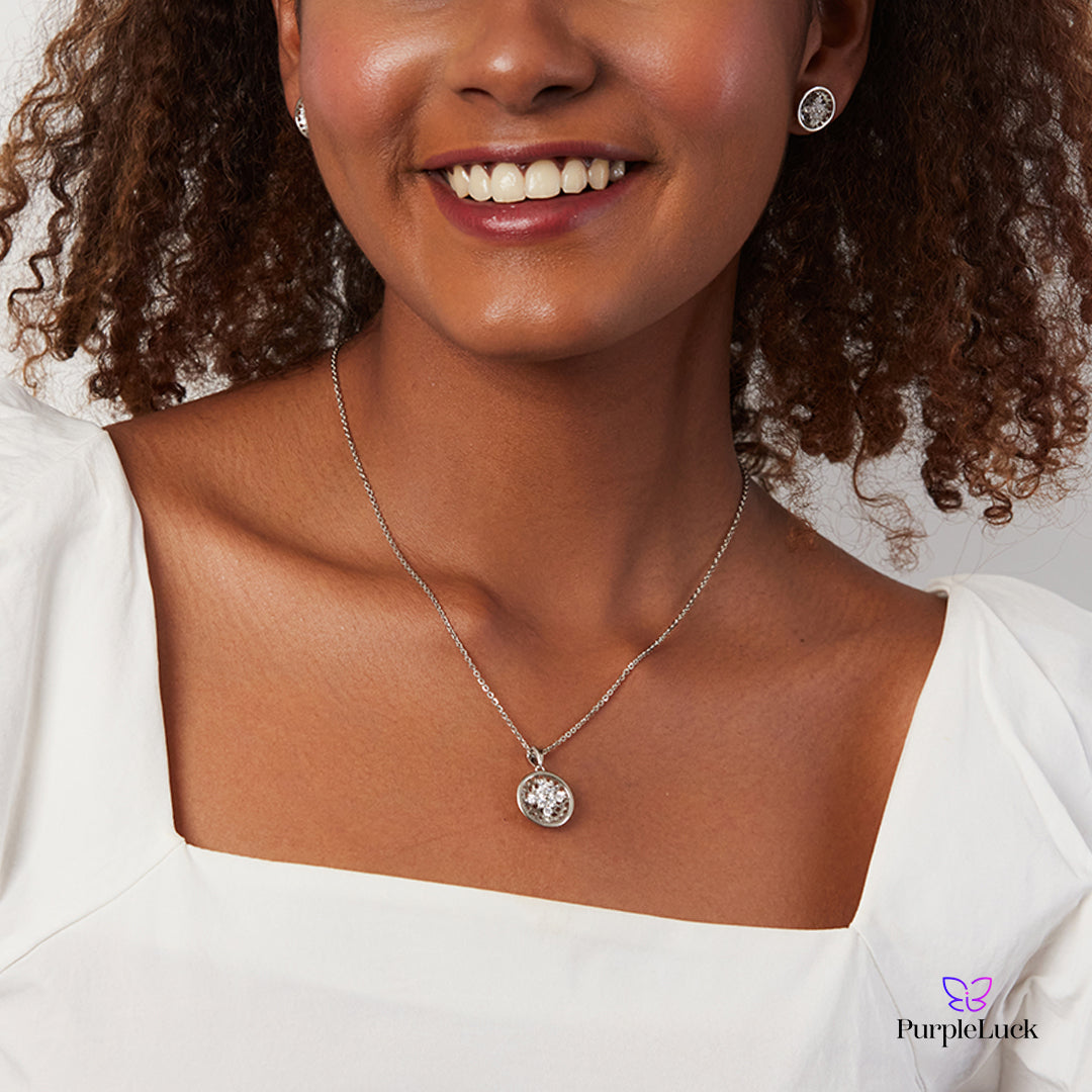 PurpleLuck Adriana Silver Pendant Set , Sterling Silver pendant and earrings for women and girls with Zircon stones