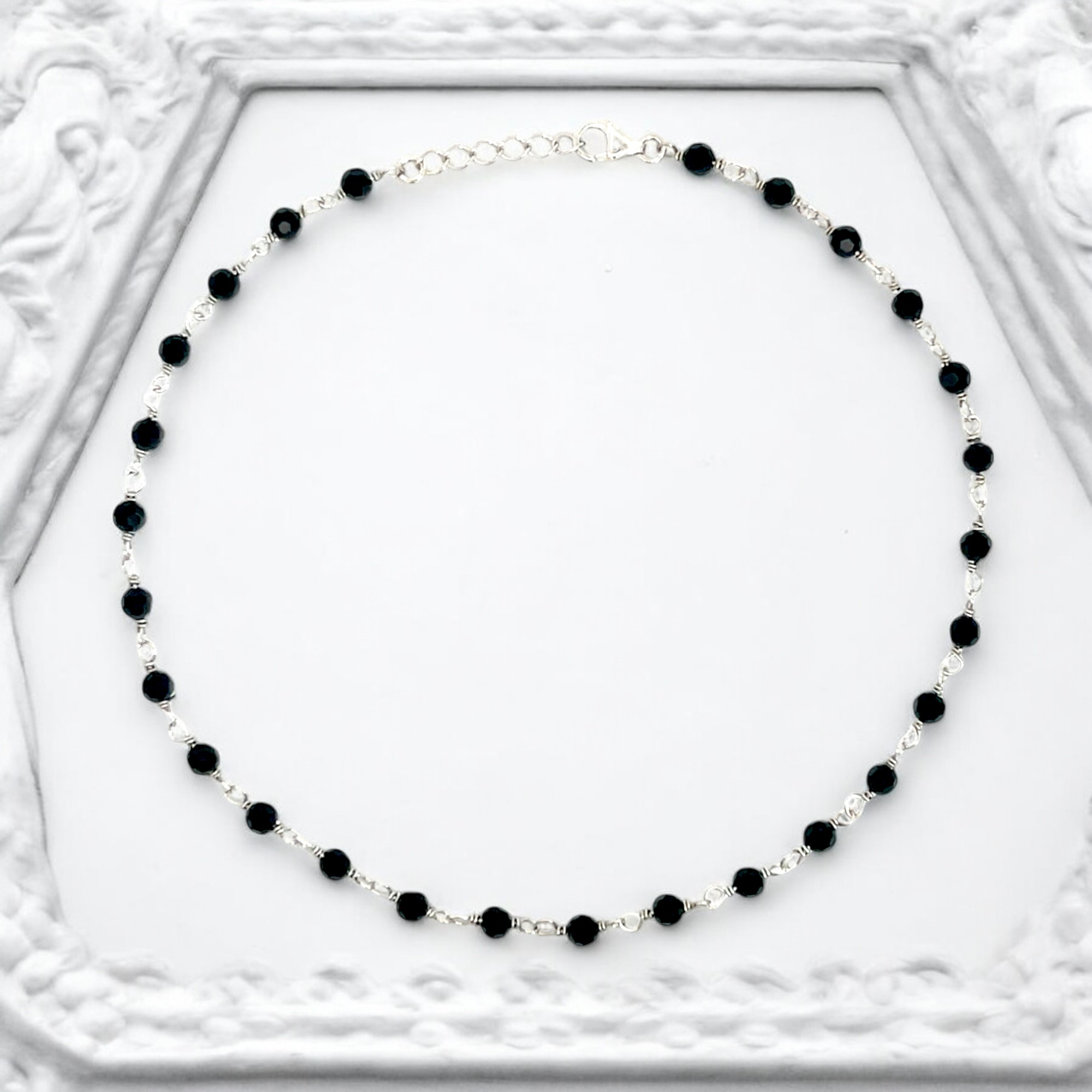 Purpleluck Obsidian Spark 925 Silver Black Anklet. Black bead anklet for everyday wear for women