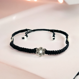Floral Black Thread Silver Anklet