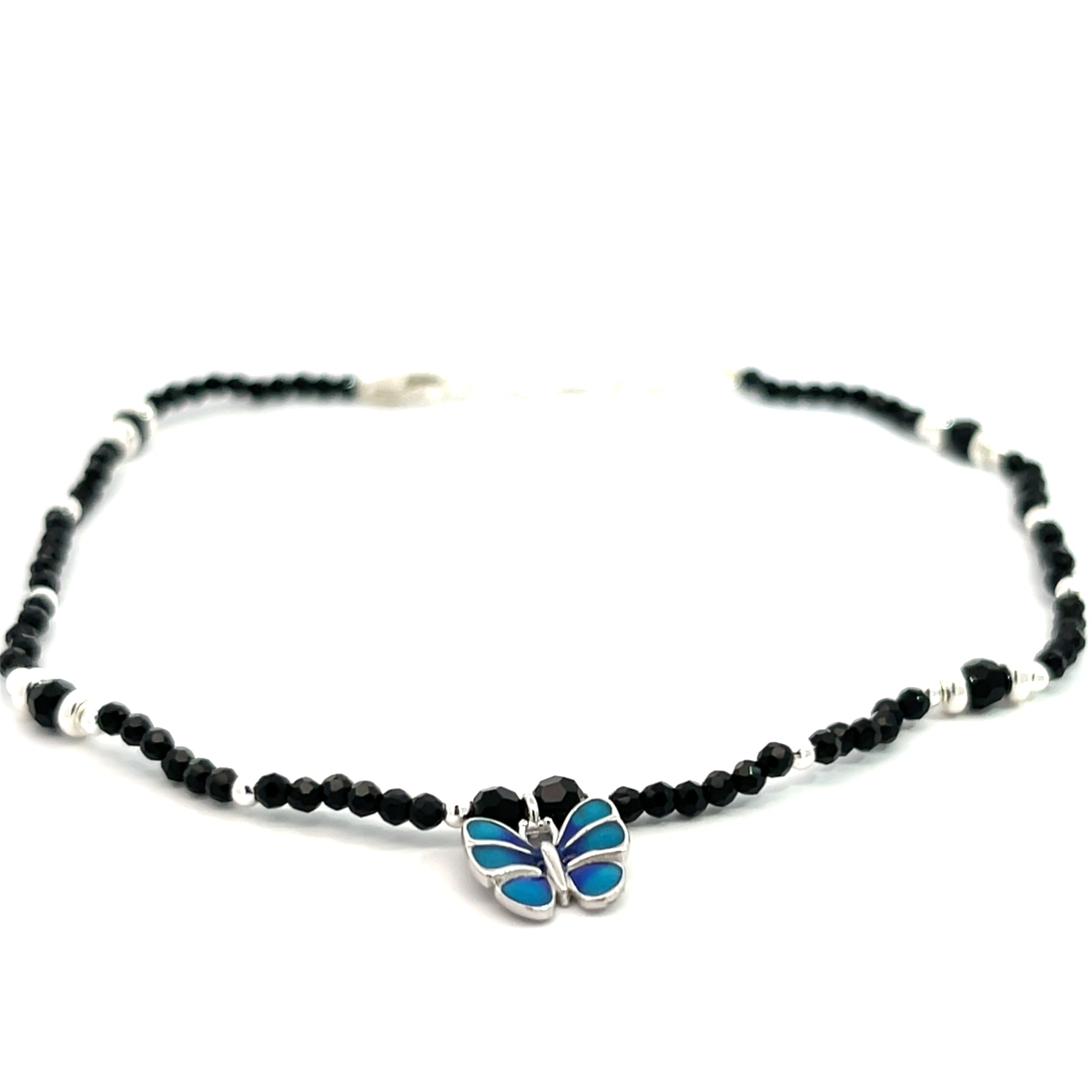 PurpleLuck Silver Butterfly Black bead Anklet
