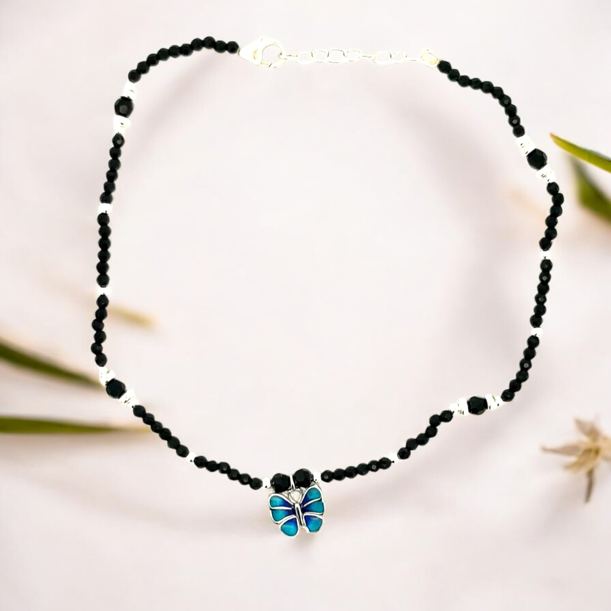 PurpleLuck Silver Butterfly Black bead Anklet