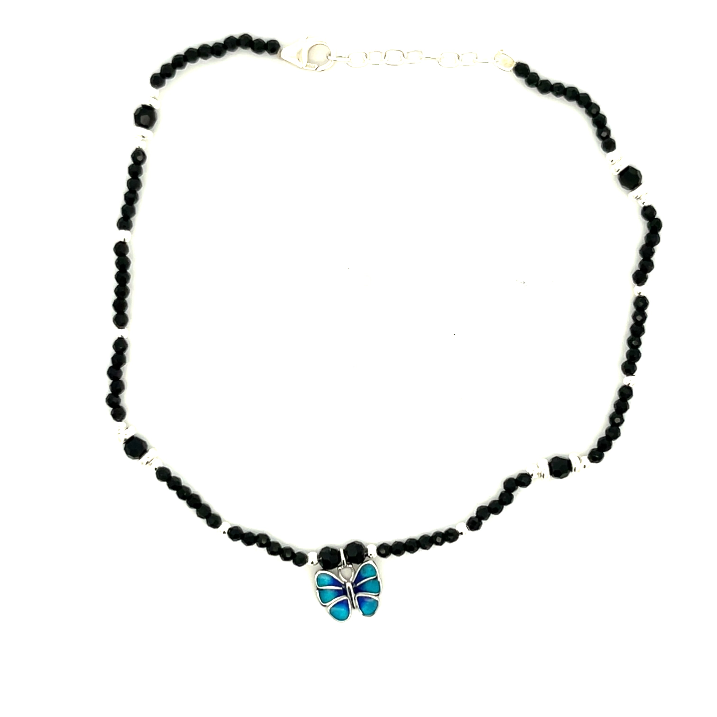 PurpleLuck Silver Butterfly Black bead Anklet