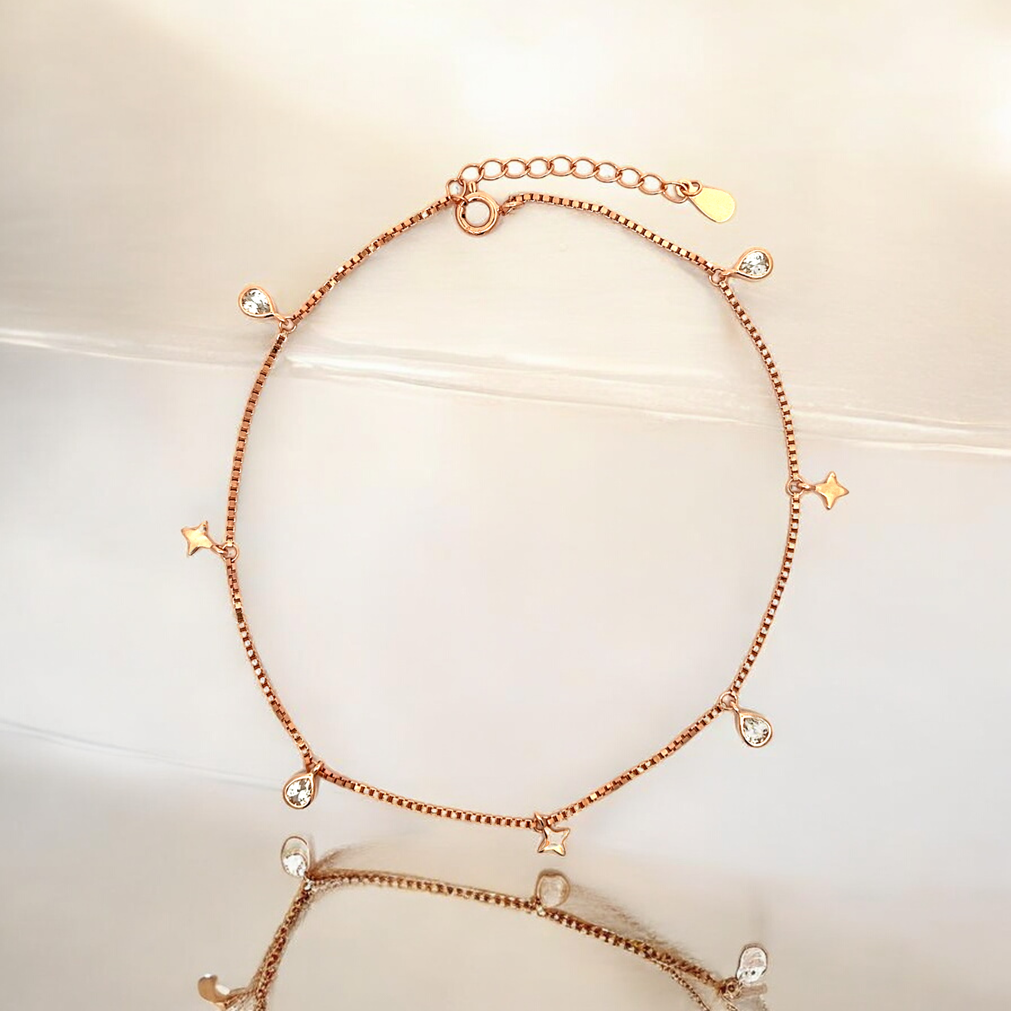 PurpleLuck Claire Rose Gold Charm Anklet. Sterling Silver ankle jewelry with adjustable chain for gifting