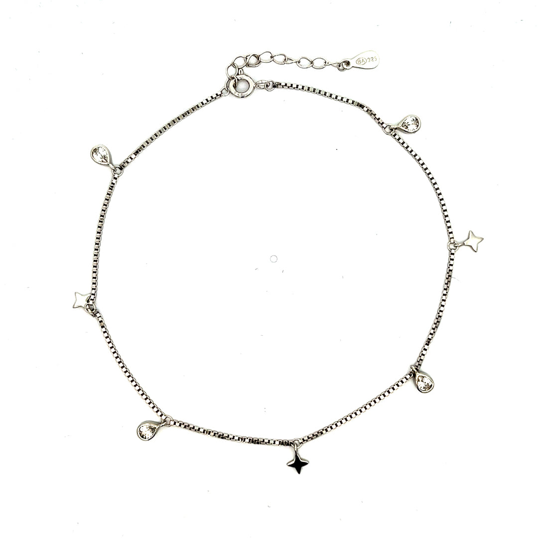 PurpleLuck Claire Silver Charm Anklet. Sterling Silver Anklet for gift for wife and girlfriend, traditional wear jewelry