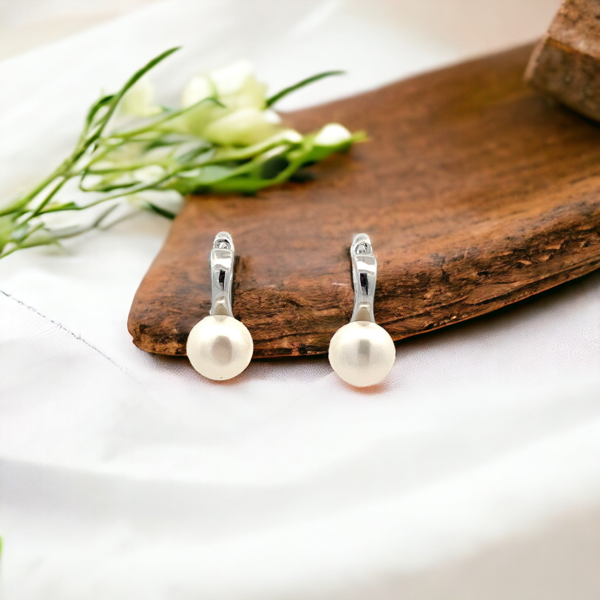 PurpleLuck Emilia Silver Pearl Earrings Ideal gift for women  and girls or Valentine day and Birthday 