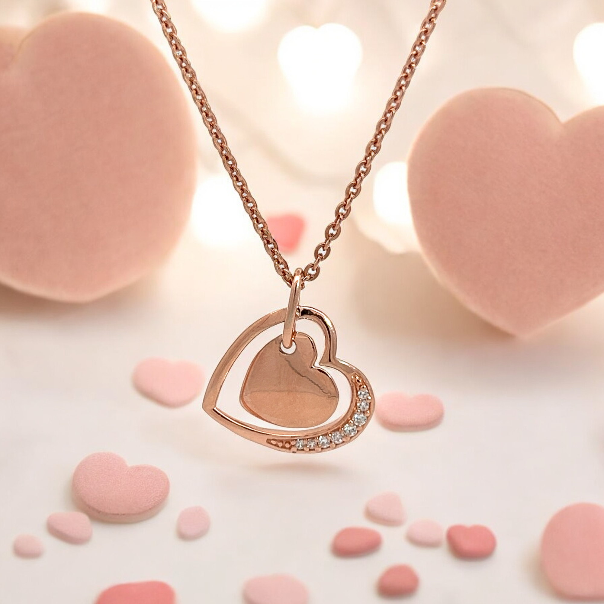 PurpleLuck Heart Of Glass Rose Gold Pendant. Sterling Silver minimal heart shape pendant with adjustable chain for Valentines and anniversary gift for girlfriend and wife