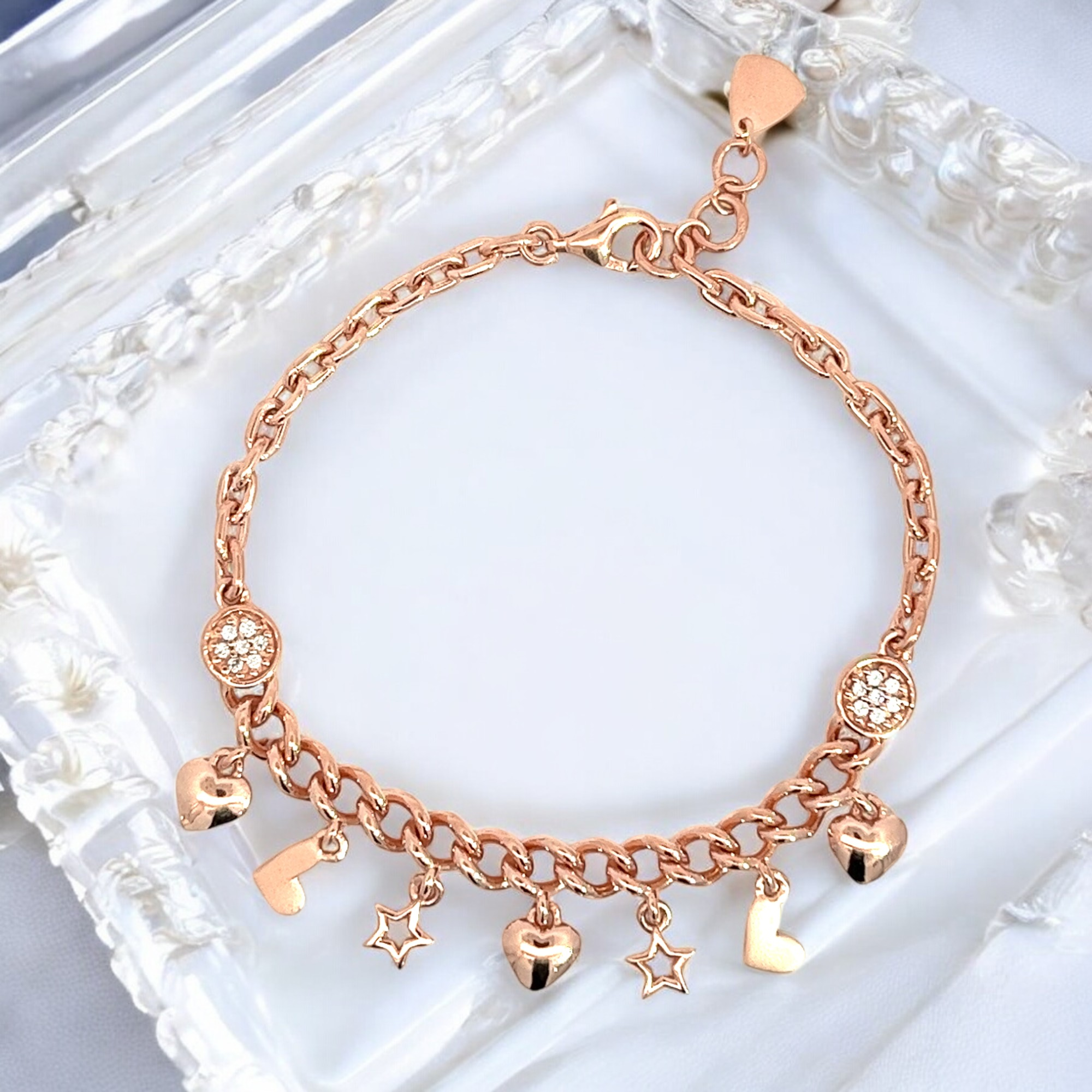 Purpleluck Ileana Rose Gold Charm Bracelet. Sterling Silver festive wear for women and girls. Gift for sister, wife and girlfriend