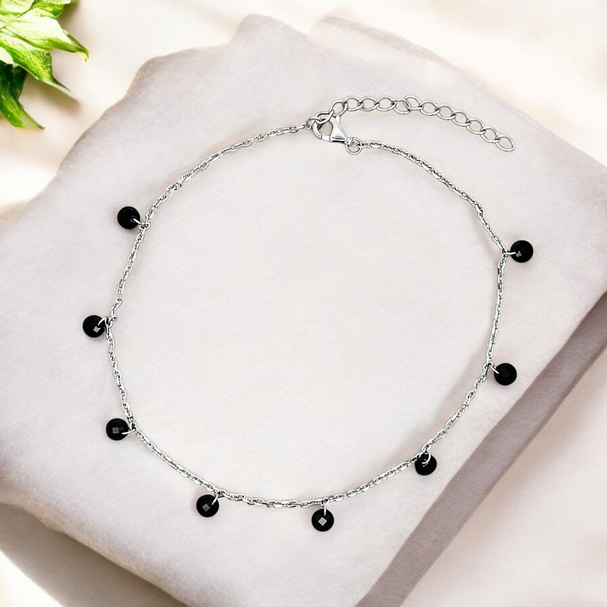 PurpleLuck Kaira 925 Silver Black Queen Anklet. Classy black bead anklet for daily wear with adjustable chain.