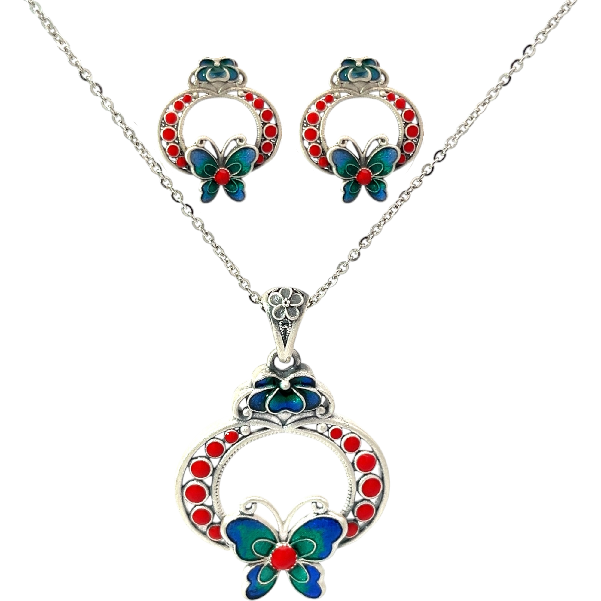 PurpleLuck Painted Lady 999 Silver Pendant Set. Sophisticated pendant and earrings for women and girls Perfect Gift for wife and girlfriend