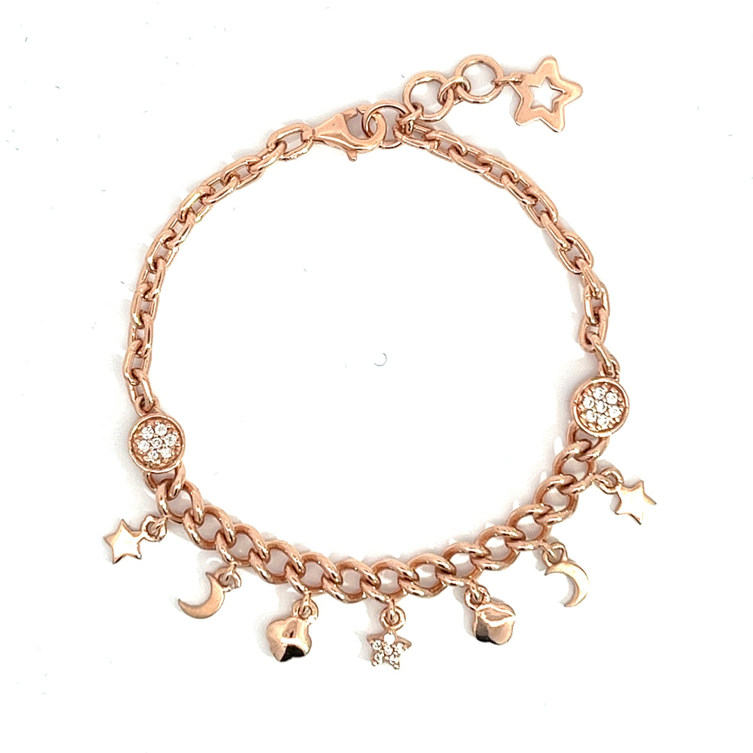 PurpleLuck Nancy Rose Gold Charm Bracelet. Sterling Silver minimal jewellery for women with star and moon charms