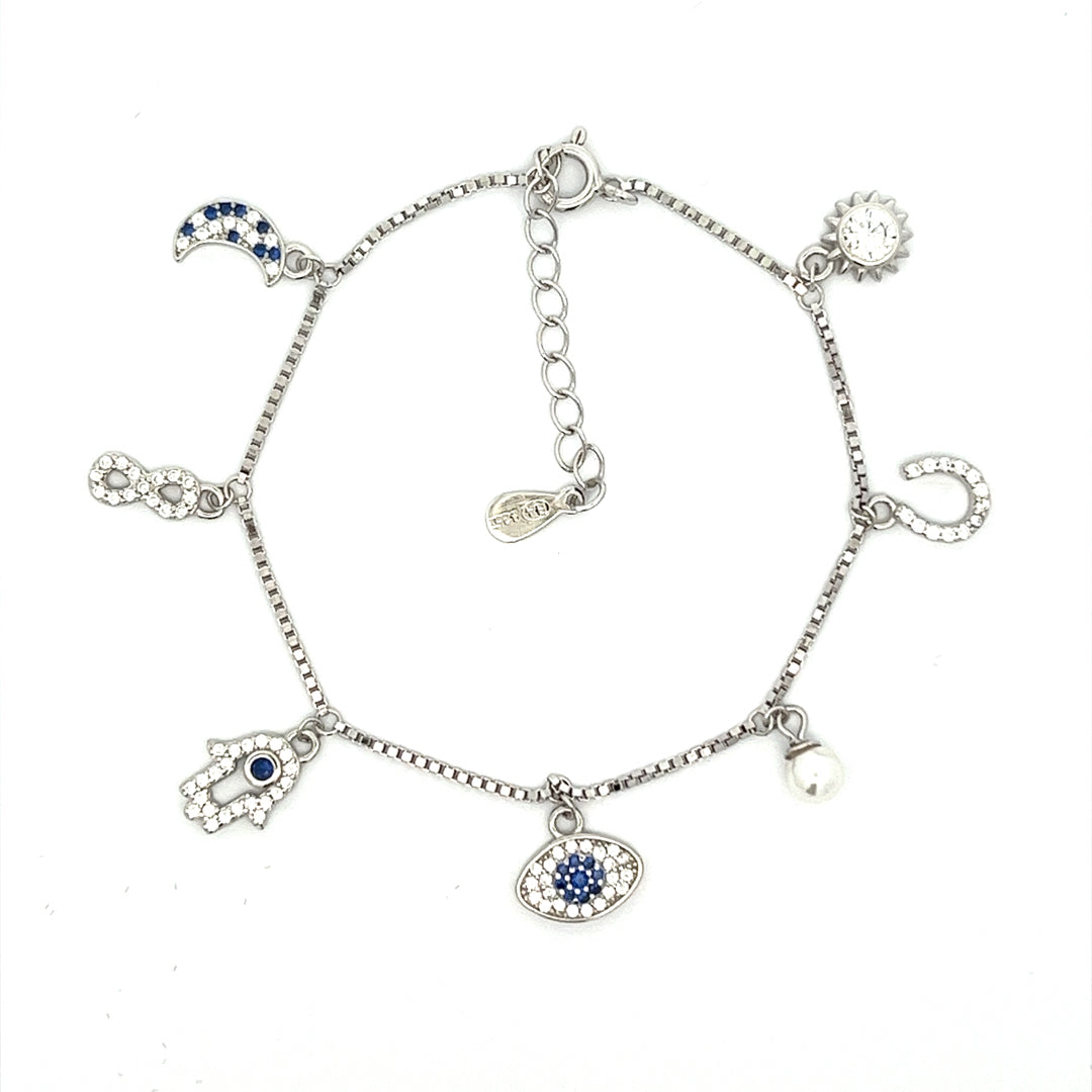 Purpleluck Lorene 925 Silver Charm Bracelet for Women and girls. Adjustable Anti-Nazar charm bracelet. Elegant design jewellery