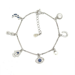 Purpleluck Lorene 925 Silver Charm Bracelet for Women and girls. Adjustable Anti-Nazar charm bracelet. Elegant design jewellery