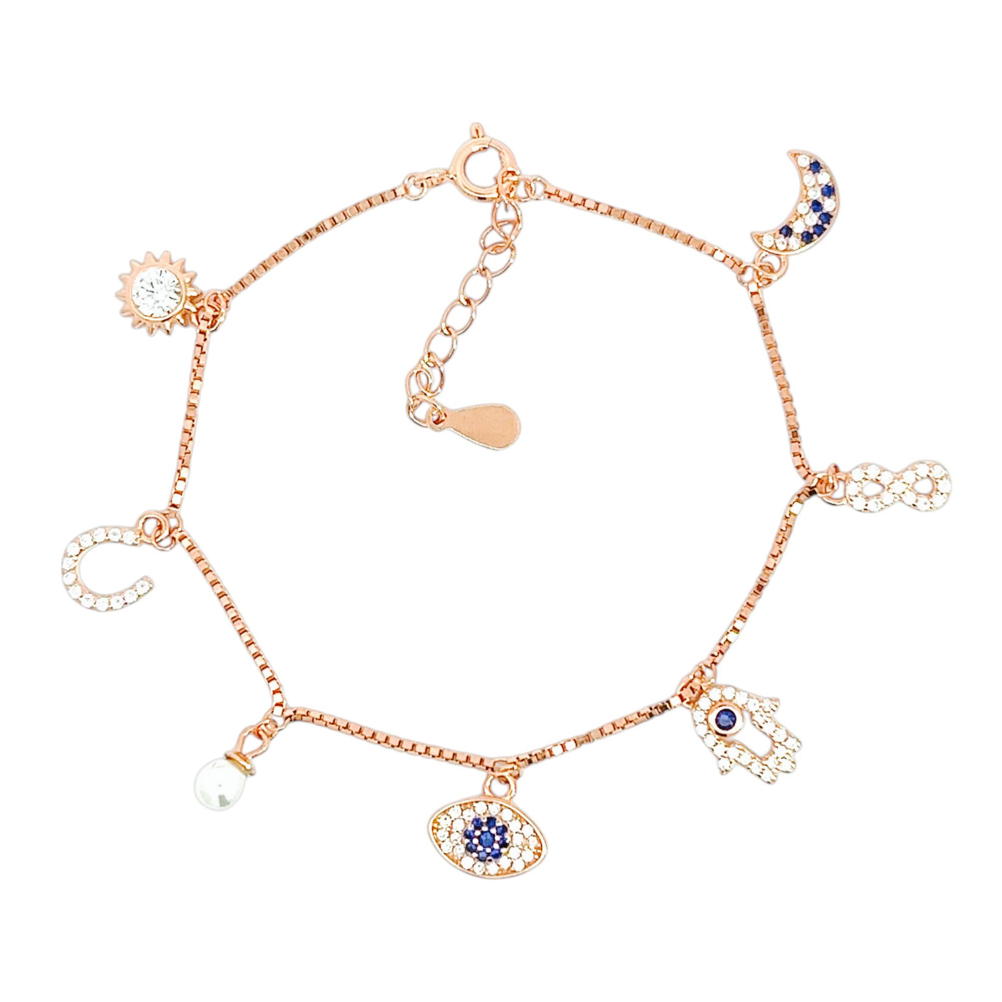 Purpleluck Lorene 925 Silver Charm Bracelet for Women and girls. Adjustable Anti-Nazar charm bracelet