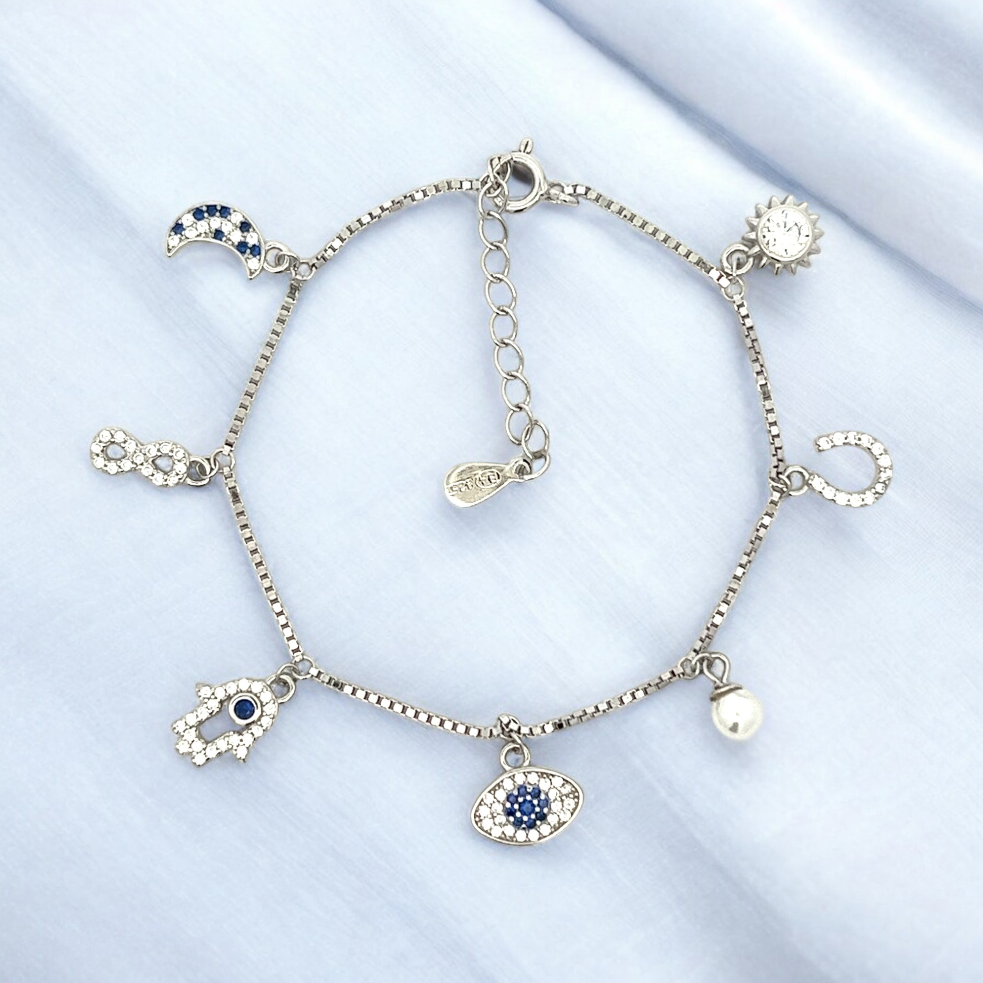 Purpleluck Lorene 925 Silver Charm Bracelet for Women and girls. Adjustable Anti-Nazar charm bracelet. Elegant design jewellery