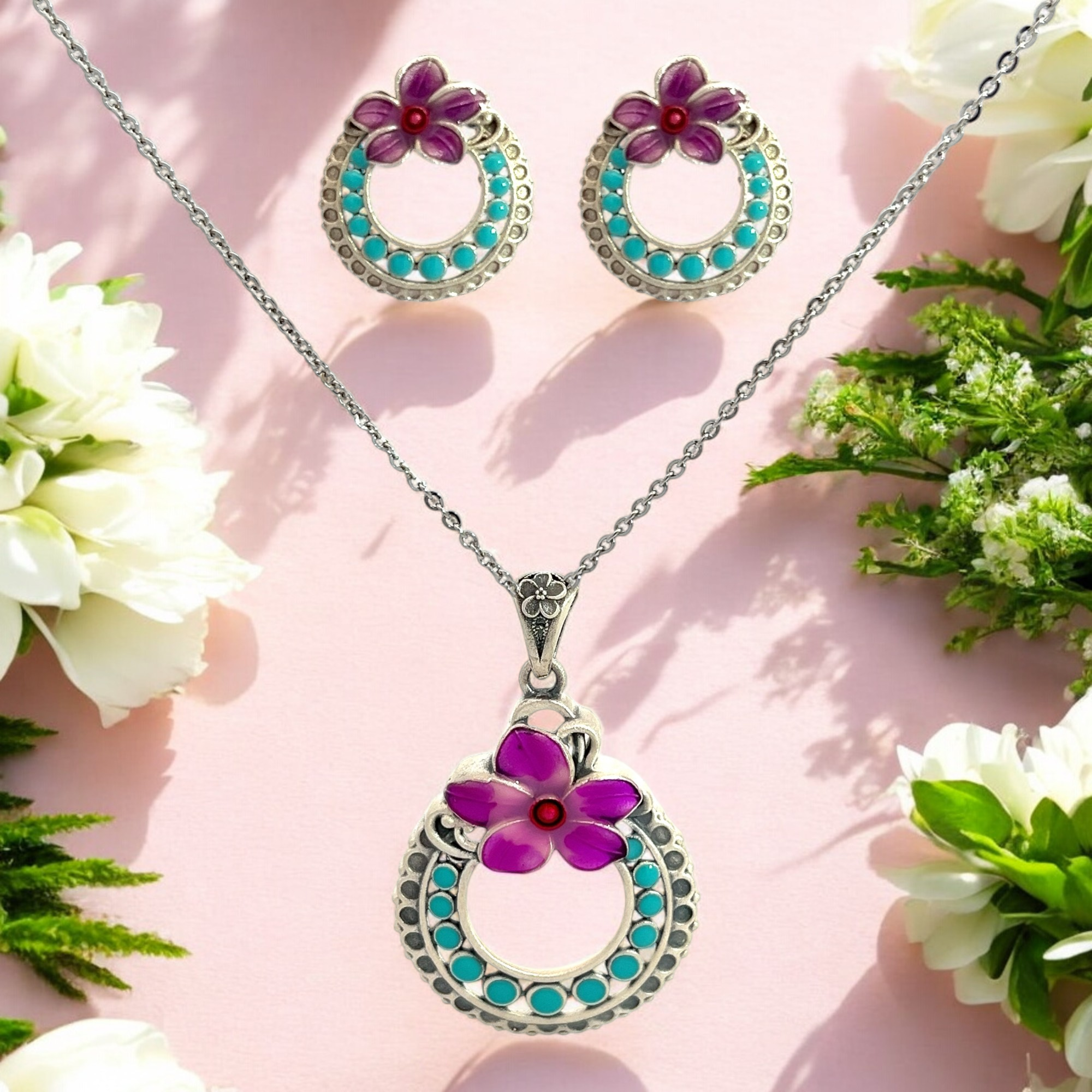 PurpleLuck Mina 999 Silver Pendant Set. Luxury pendant and earrings for women and girls Perfect wedding and Valentines day gift 