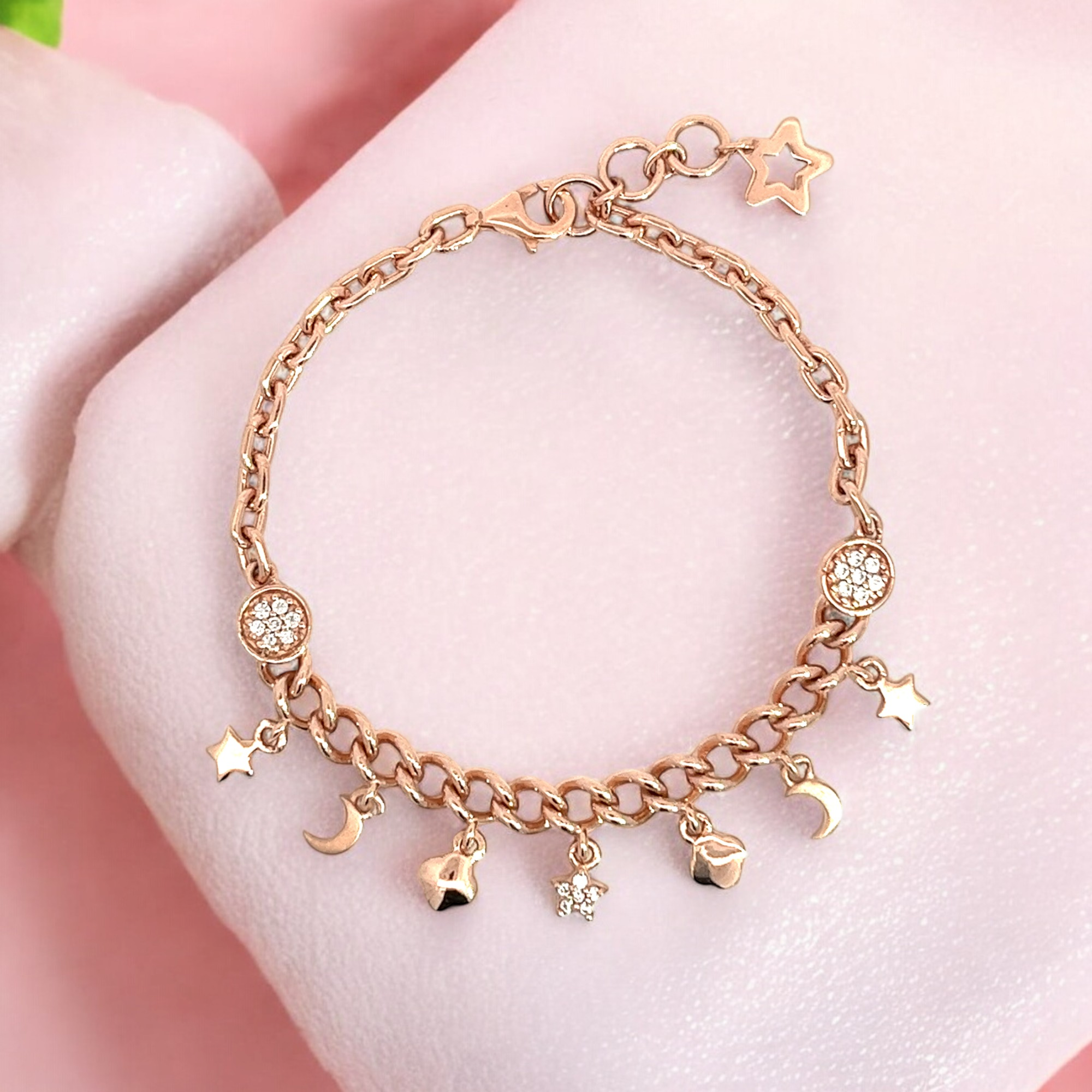 PurpleLuck Nancy Rose Gold Charm Bracelet. Sterling Silver minimal jewellery for women with star and moon charms