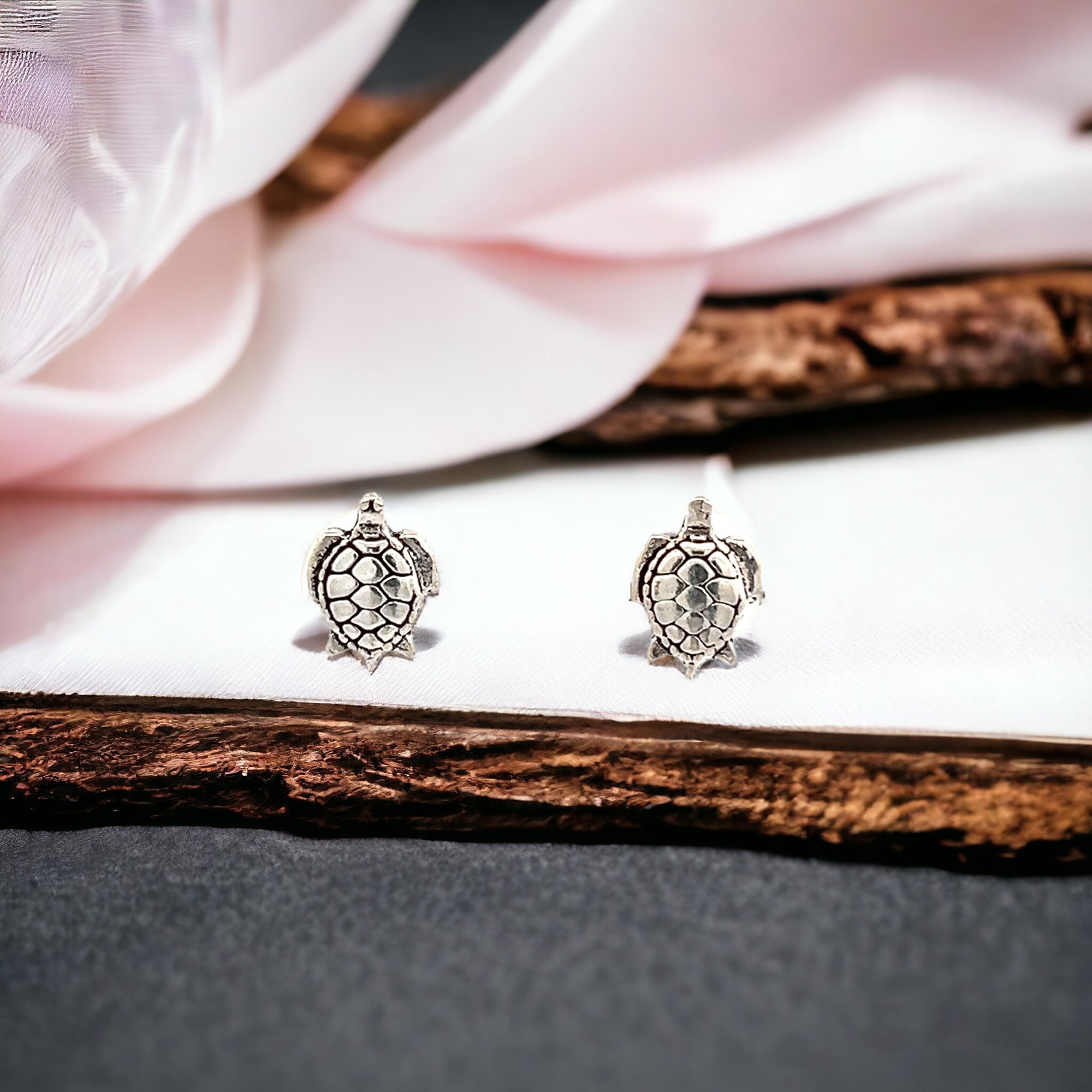 PurpleLuck Naomi Oxidized Sterling Silver Earrings . Tortoise shape cute and charming studs for women and girls 