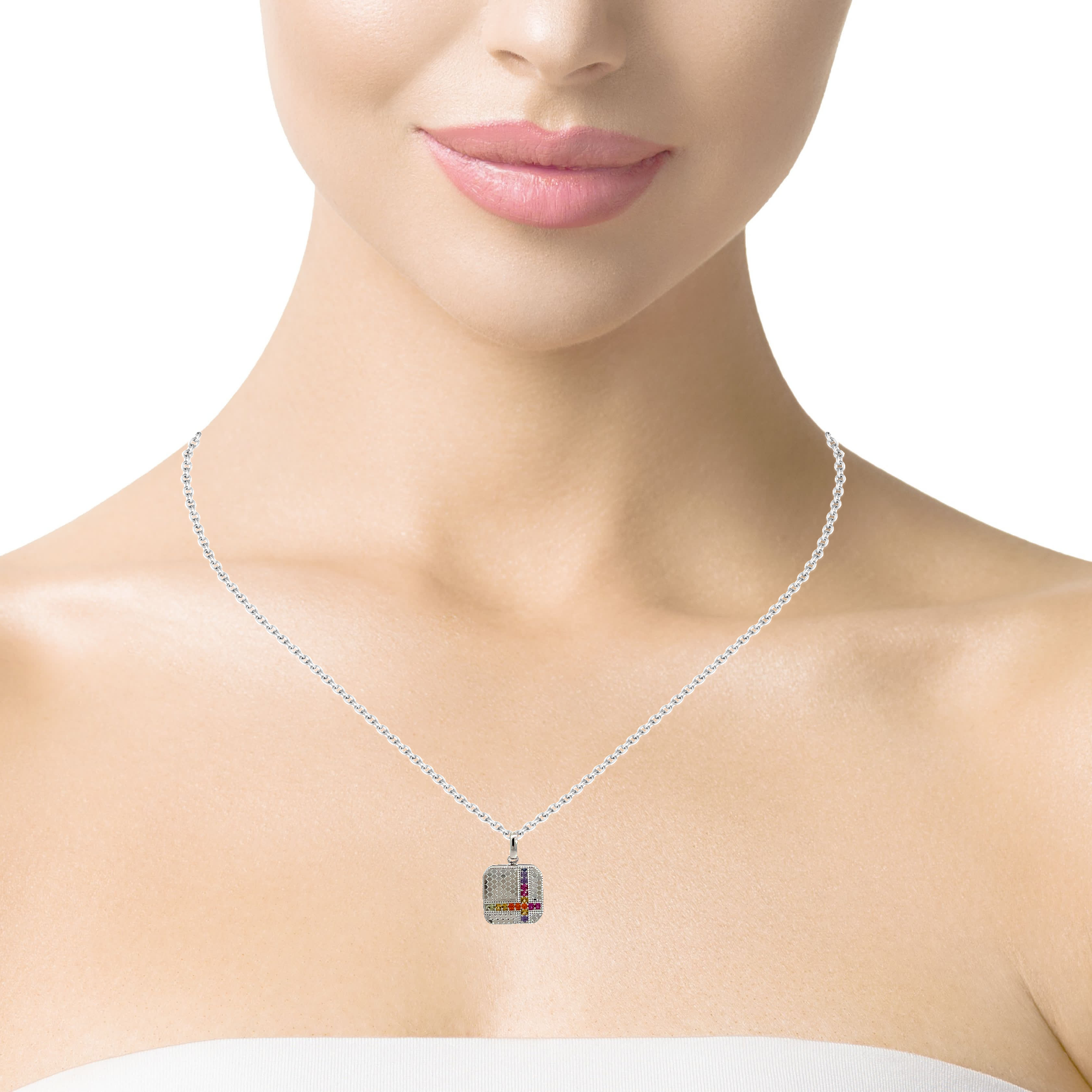 PurpleLuck Silver Gemstone Grid Pendant with adjustable chain for women Sterling Silver
