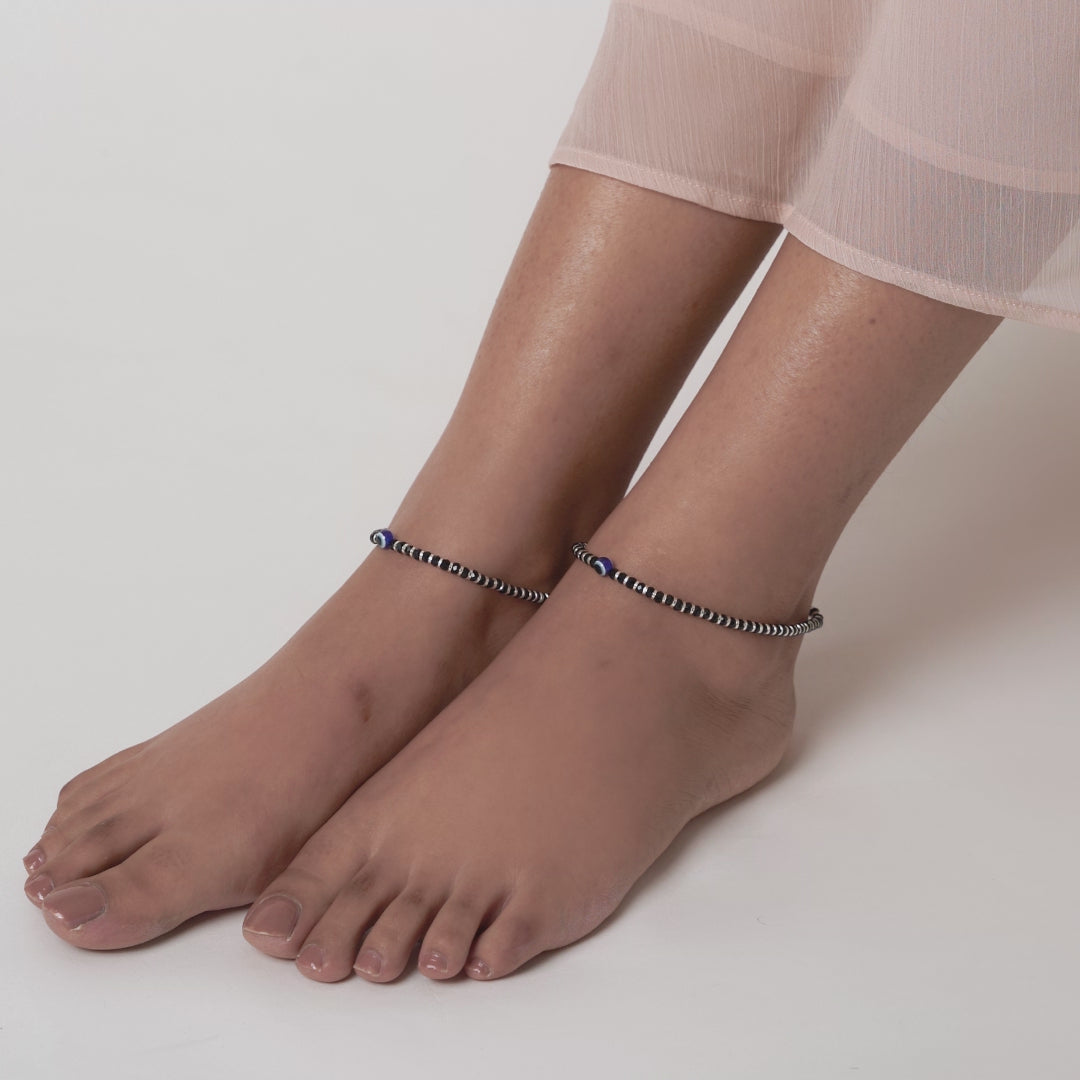 PurpleLuck Tara 925 Silver Evil Eye Anklet. Delicate anti-nazar jewellery for women daily wear
