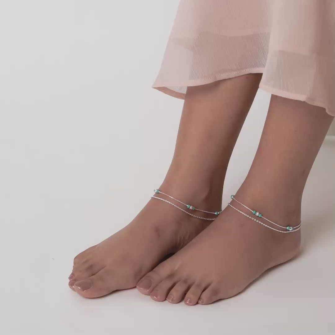 PurpleLuck Nargis 925 Silver Anklet. Double layered bead anklet for daily and festive wear