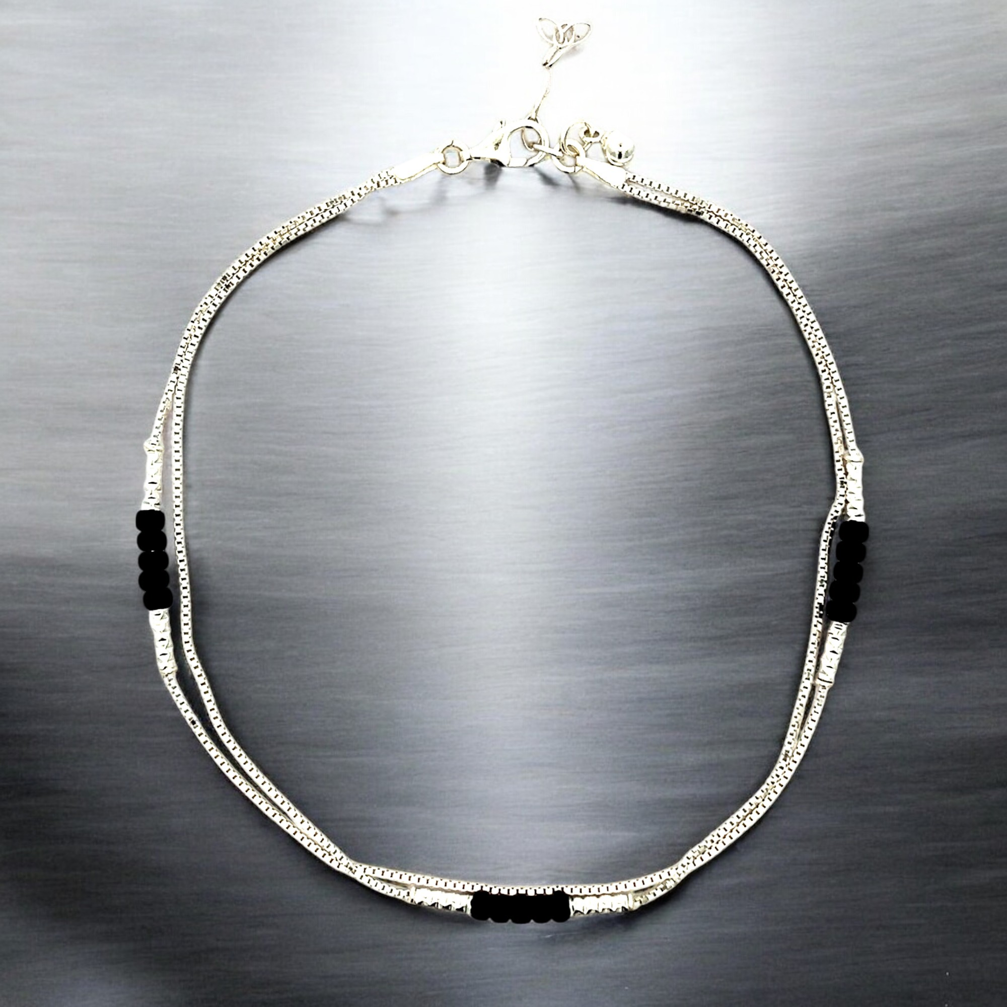 PurpleLuck Rashmika 925 Silver Anklet with black bead. Double layered ankle jewelry for women and girls