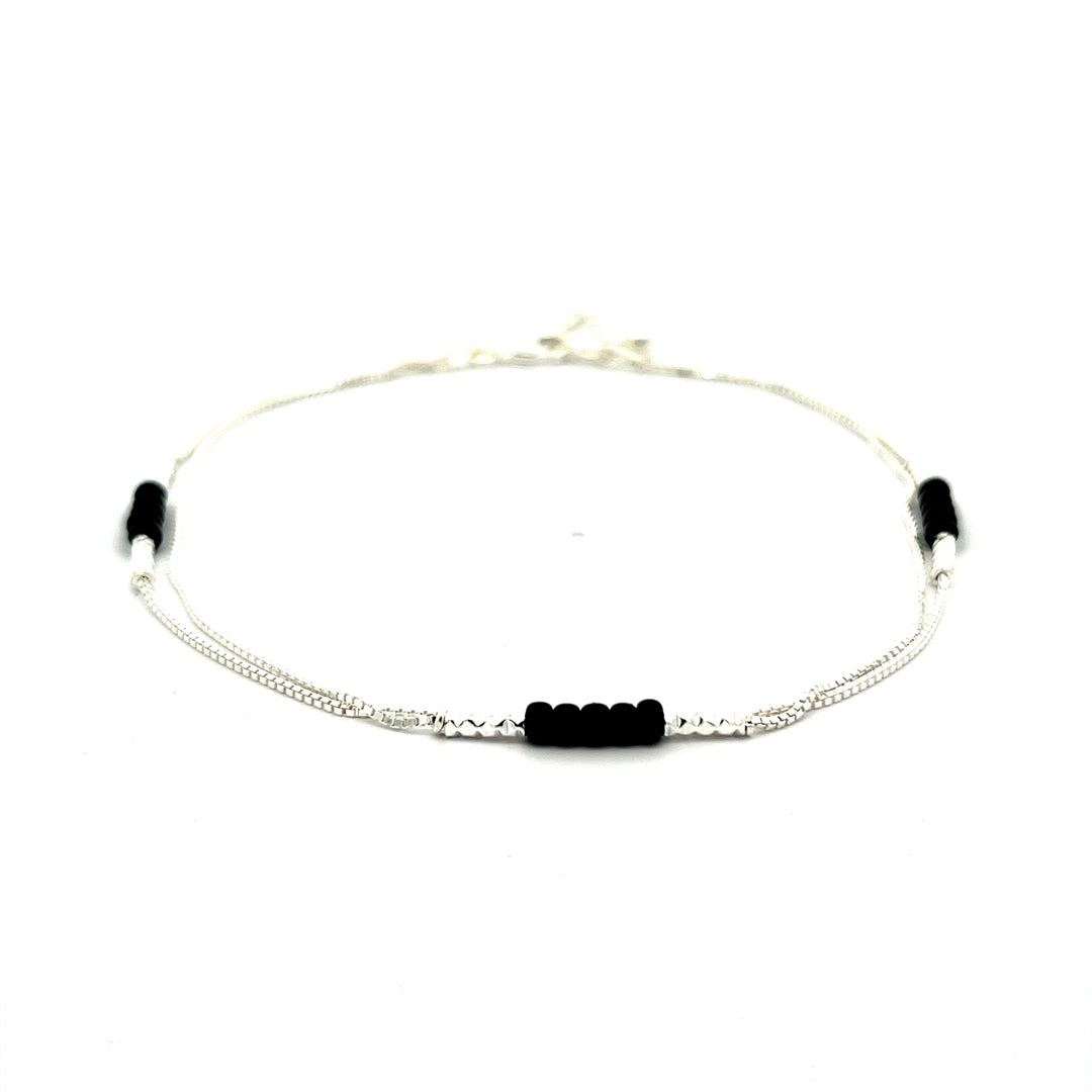 PurpleLuck Rashmika 925 Silver Anklet with black bead. Double layered ankle jewelry for women and girls